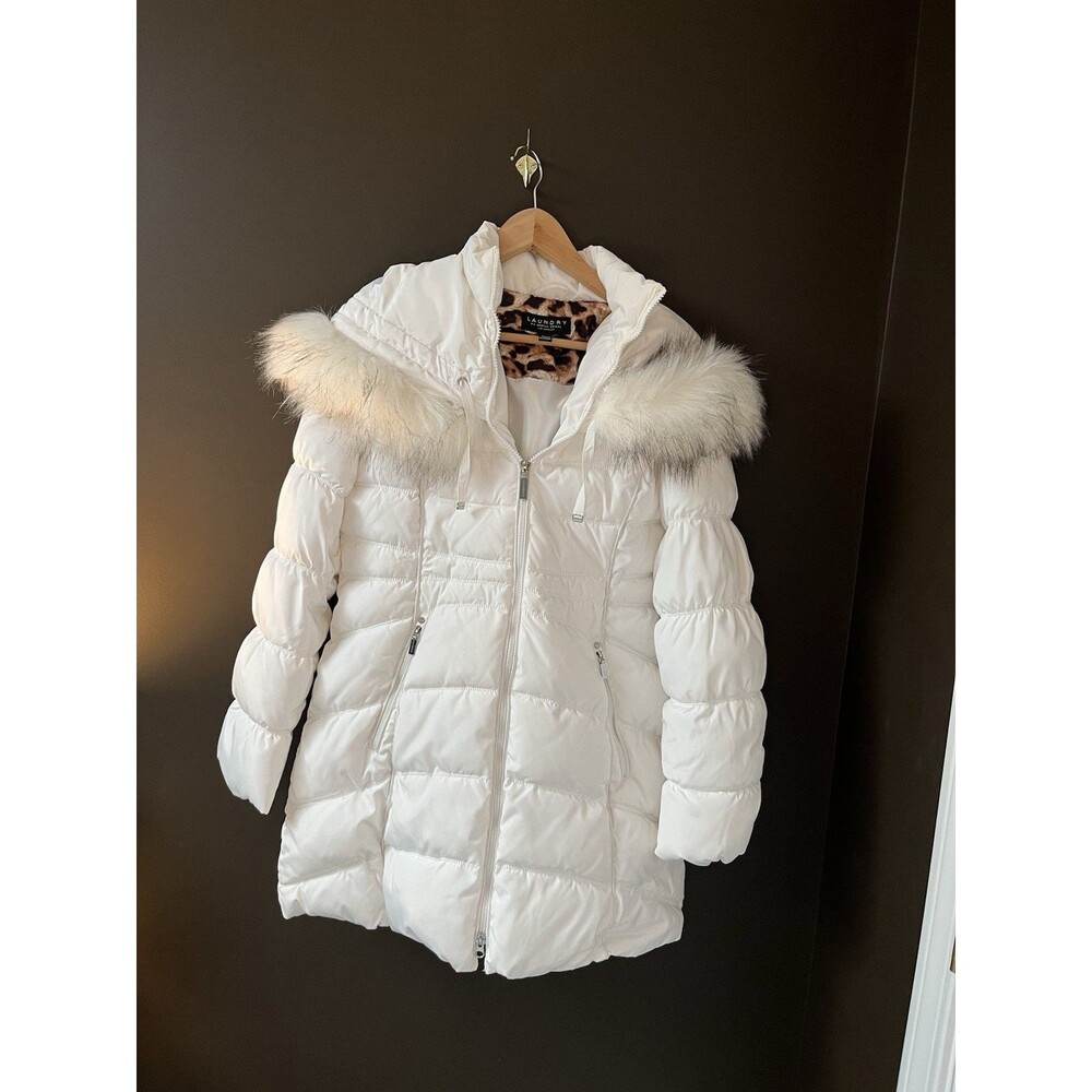 Laundry Shelli Segal Womens M White Puffer Coat Faux Fur Hood Winter Jacket